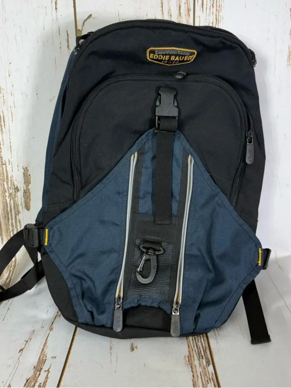 Eddie Bauer Black and Navy Travel Backpack Padded Straps. Good used condition!